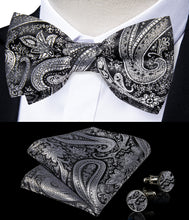 Silver Grey Floral Silk Men's Pre-Bowtie Pocket Square Cufflinks Set