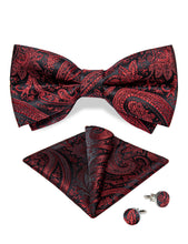 Red Floral Silk Men's Pre-Bowtie Pocket Square Cufflinks Set
