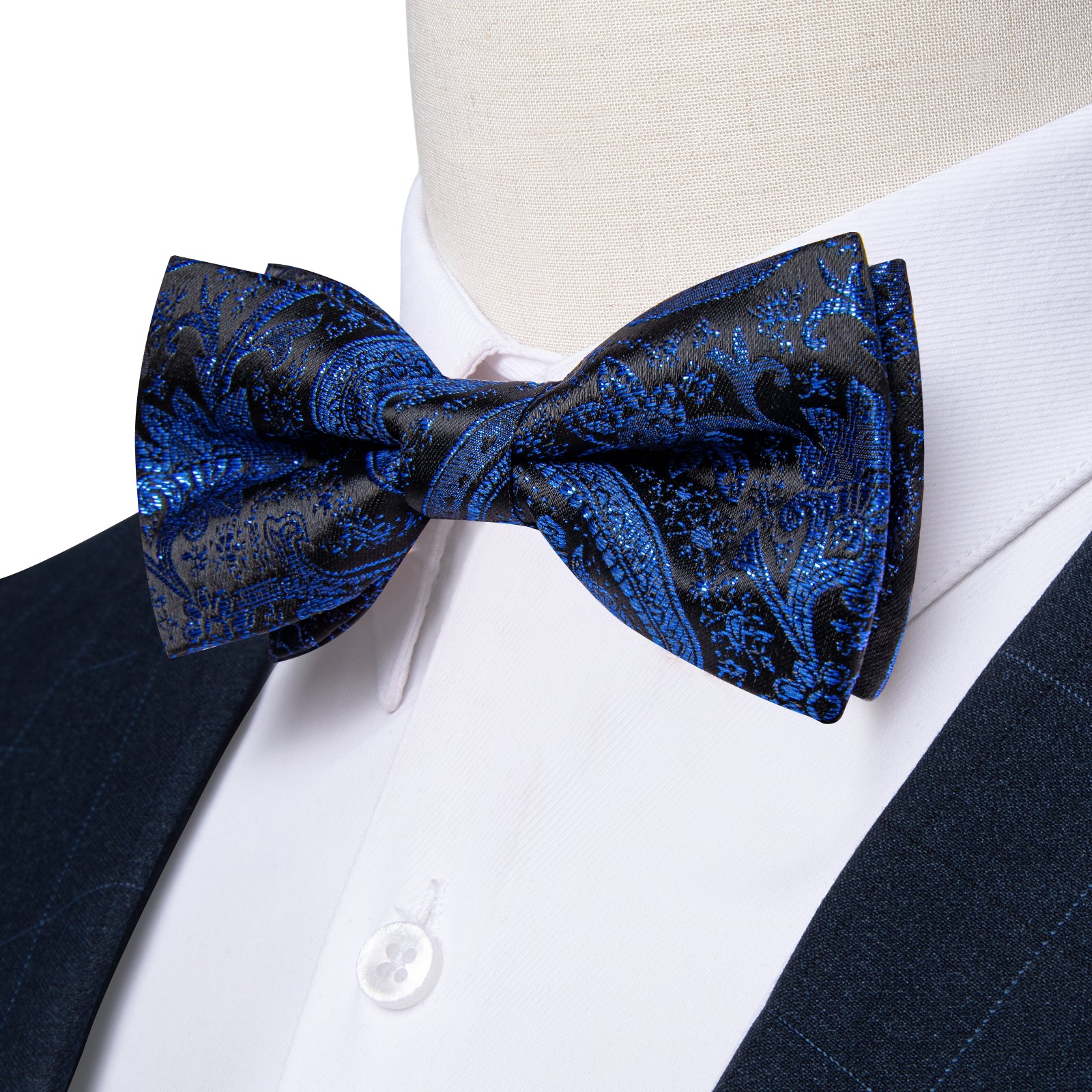 Blue Floral Silk Men's Pre-Bowtie Pocket Square Cufflinks Set