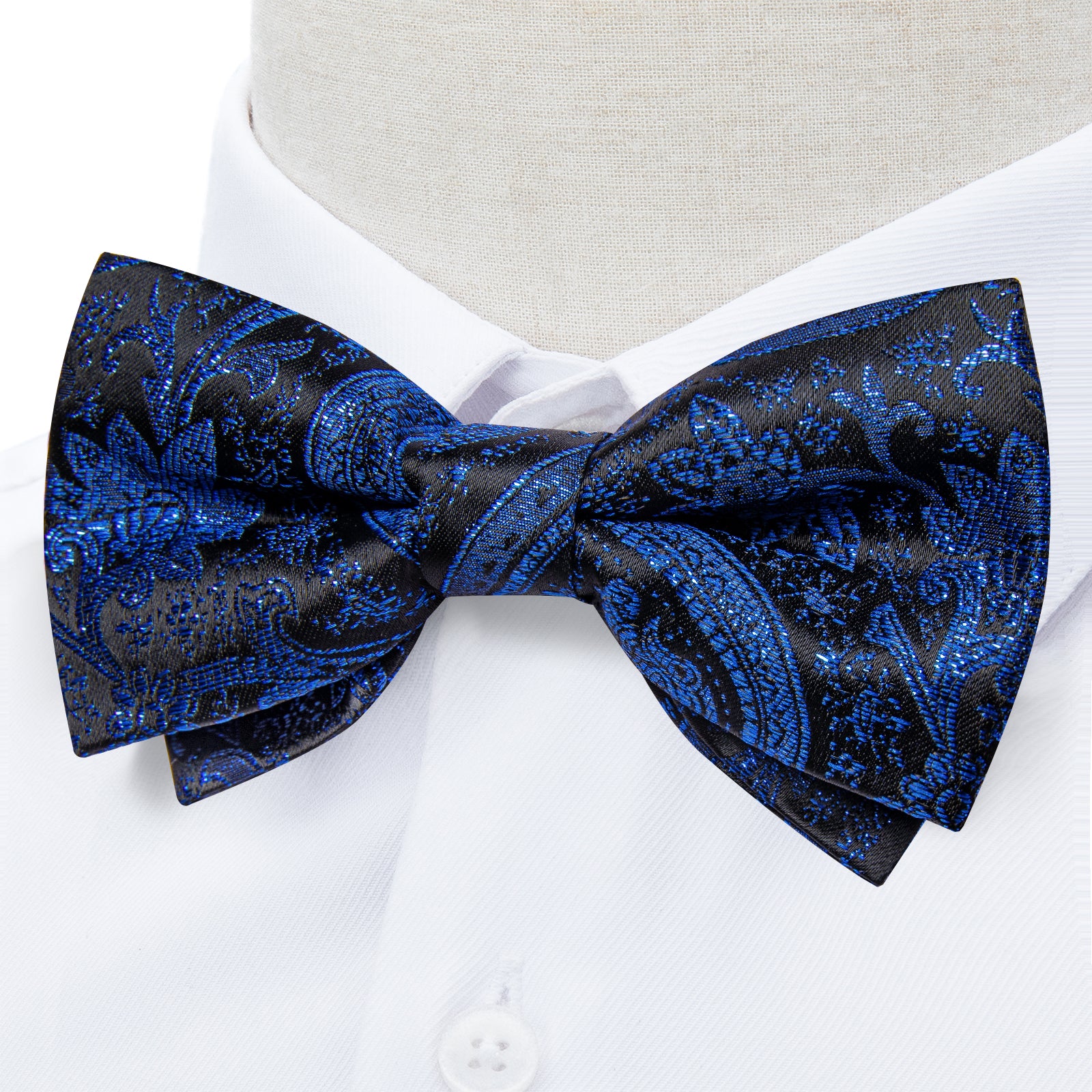 Blue Floral Silk Men's Pre-Bowtie Pocket Square Cufflinks Set