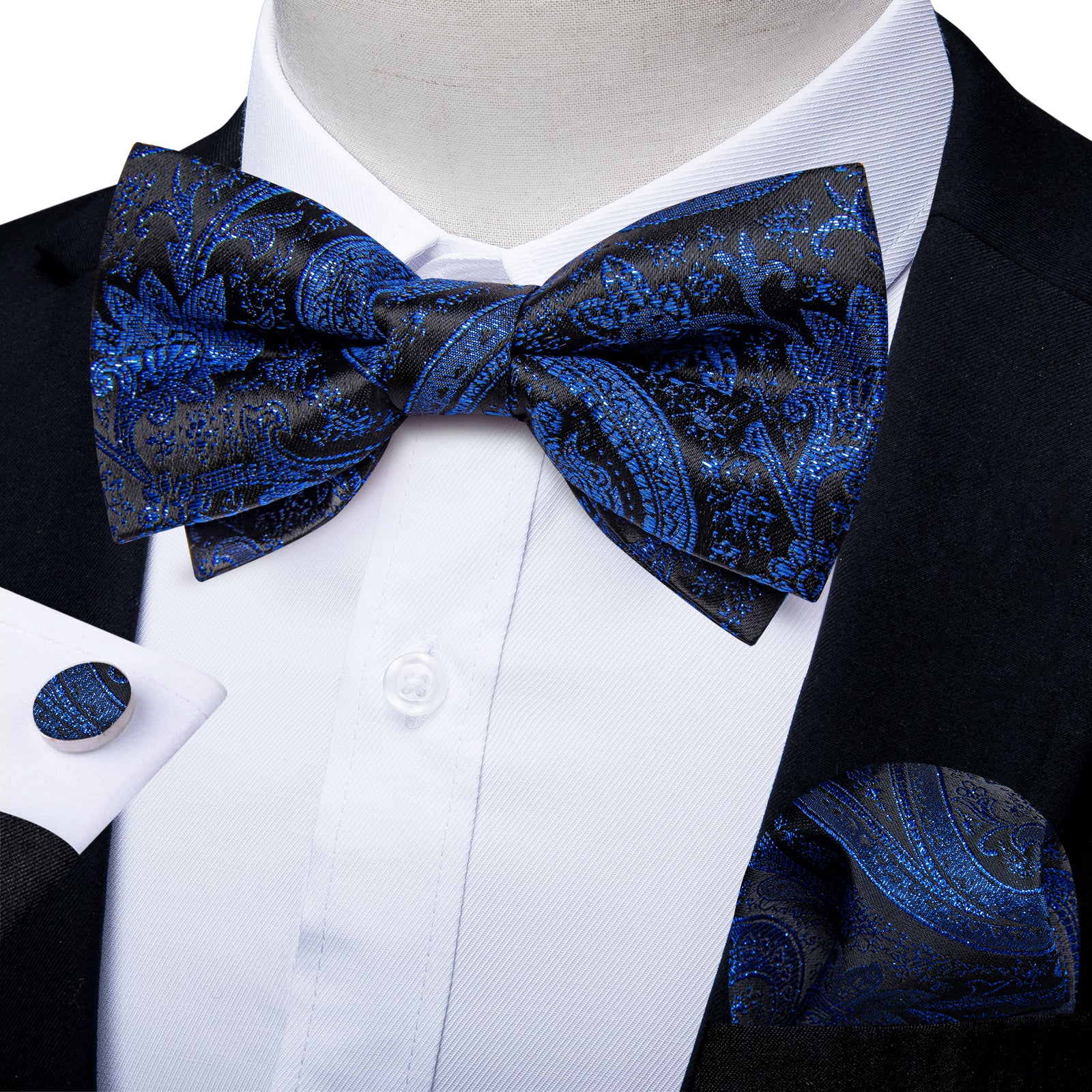 Blue Floral Silk Men's Pre-Bowtie Pocket Square Cufflinks Set