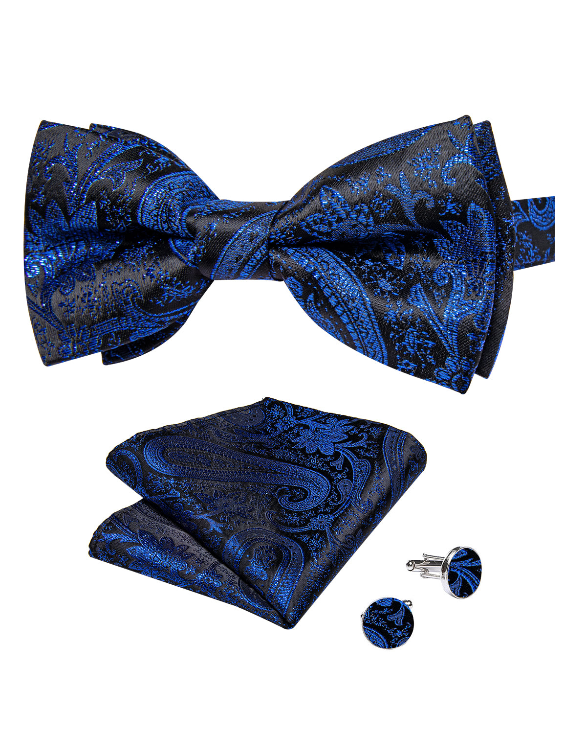Blue Floral Silk Men's Pre-Bowtie Pocket Square Cufflinks Set