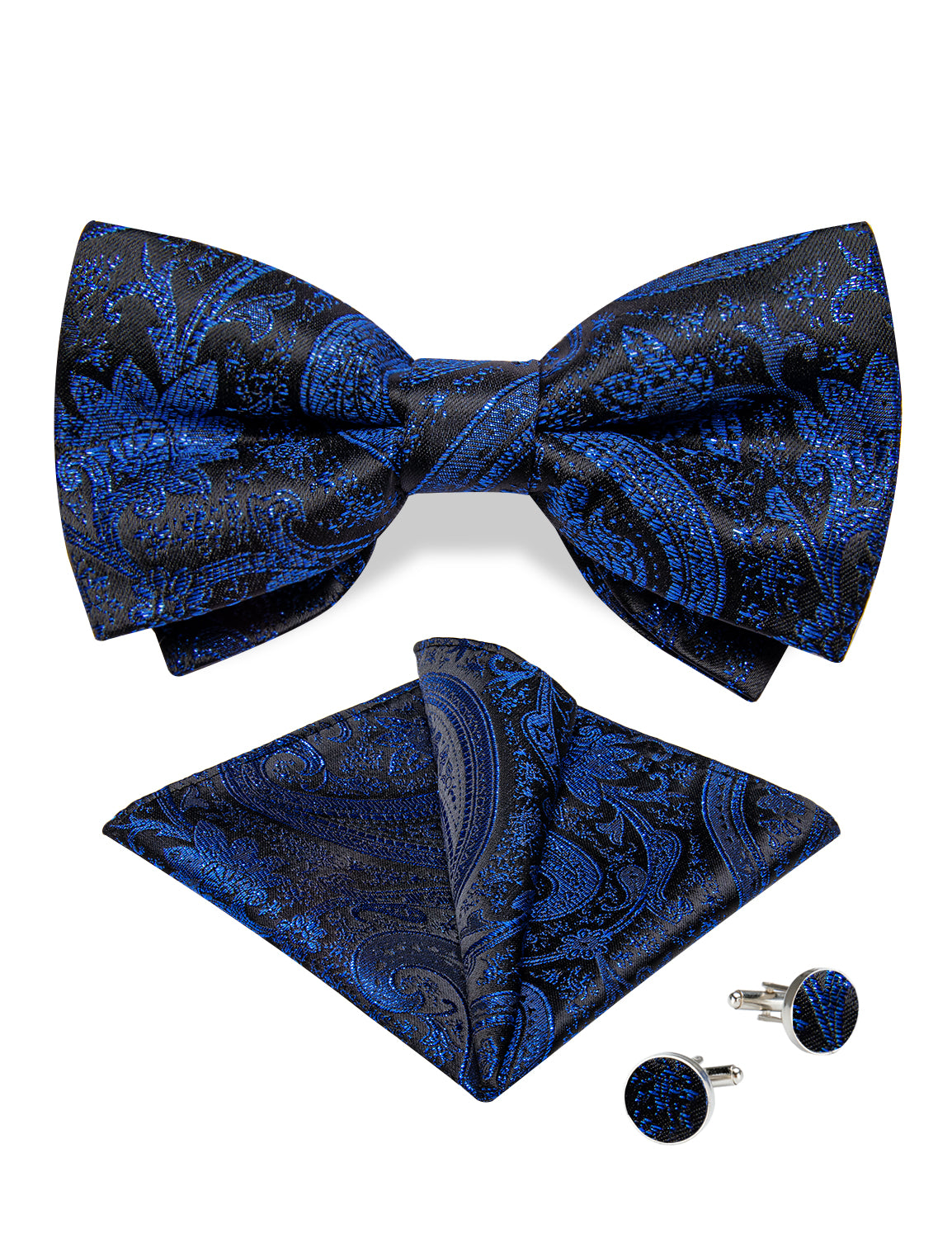 Blue Floral Silk Men's Pre-Bowtie Pocket Square Cufflinks Set