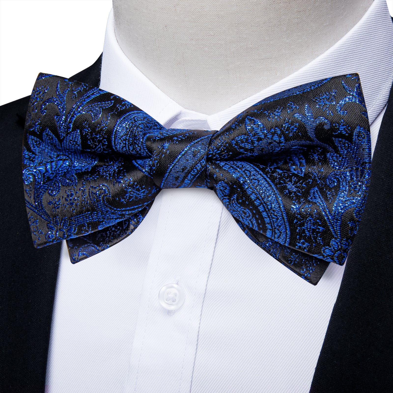 Blue Floral Silk Men's Pre-Bowtie Pocket Square Cufflinks Set