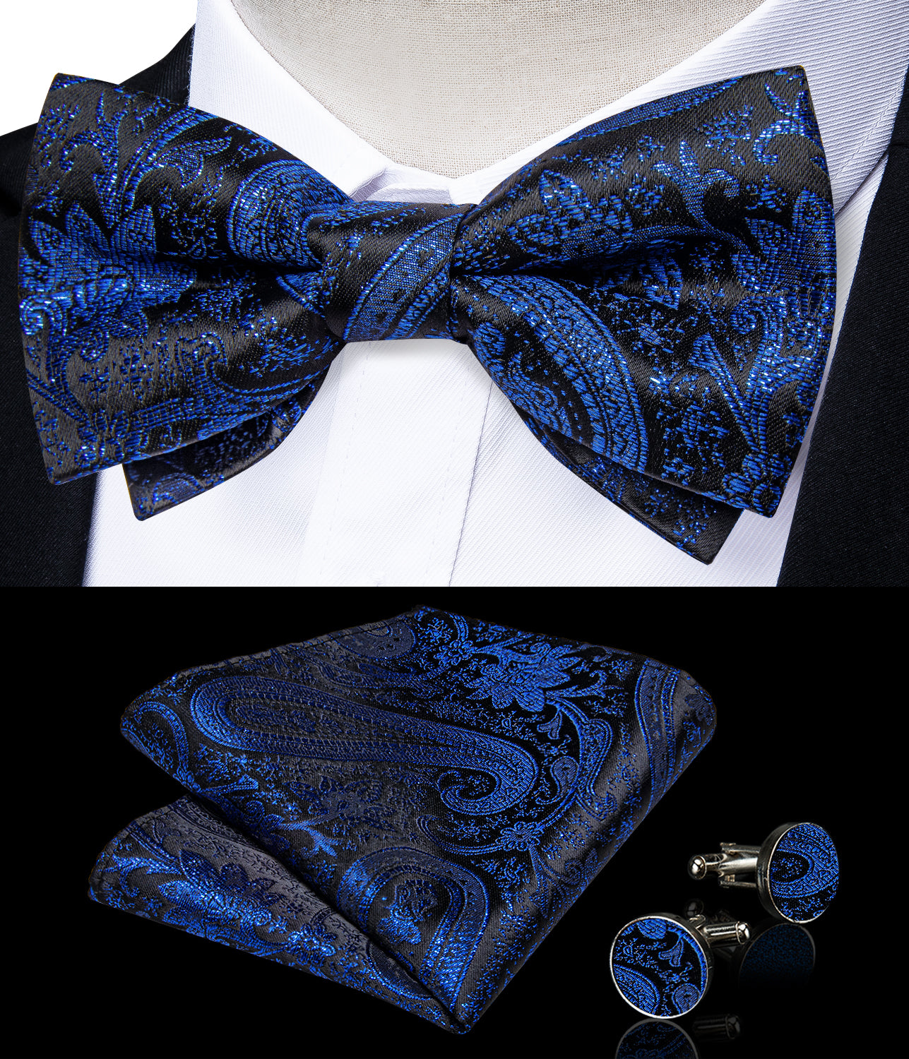 Blue Floral Silk Men's Pre-Bowtie Pocket Square Cufflinks Set