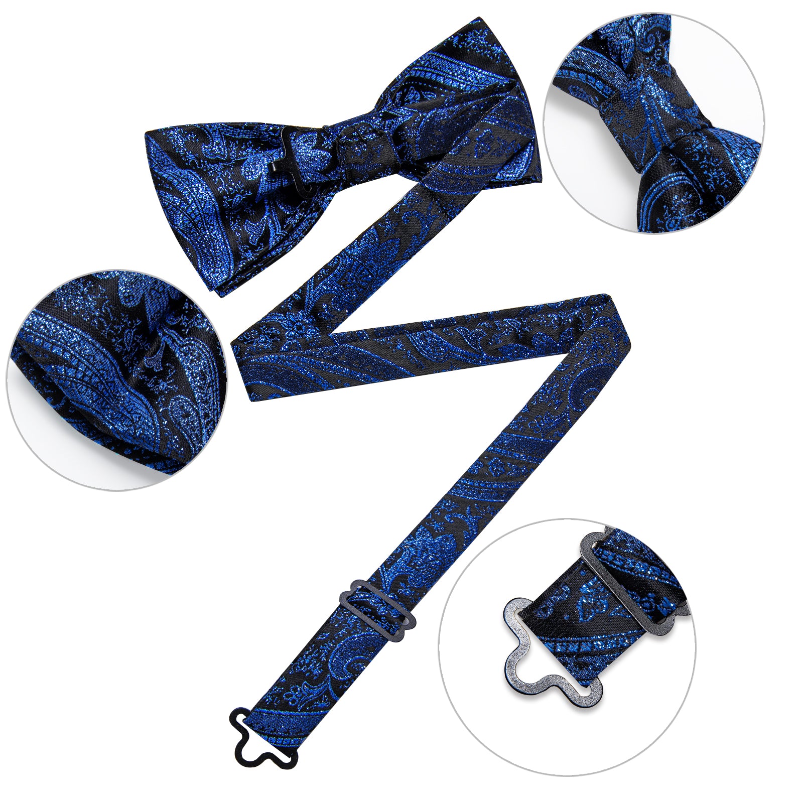 Blue Floral Silk Men's Pre-Bowtie Pocket Square Cufflinks Set