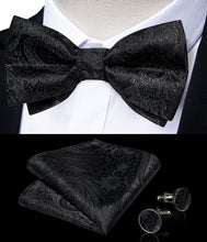 Black Floral Silk Men's Pre-Bowtie Pocket Square Cufflinks Set