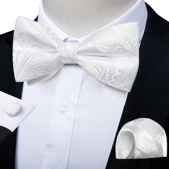 White Floral Men's Pre-Bowtie Square Handkerchief Cufflinks Set