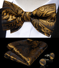 Golden Floral Silk Men's Pre-Bowtie Pocket Square Cufflinks Set