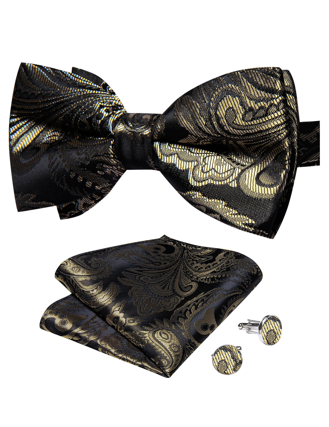 Dark Gold Floral Silk Men's Pre-Bowtie Pocket Square Cufflinks Set