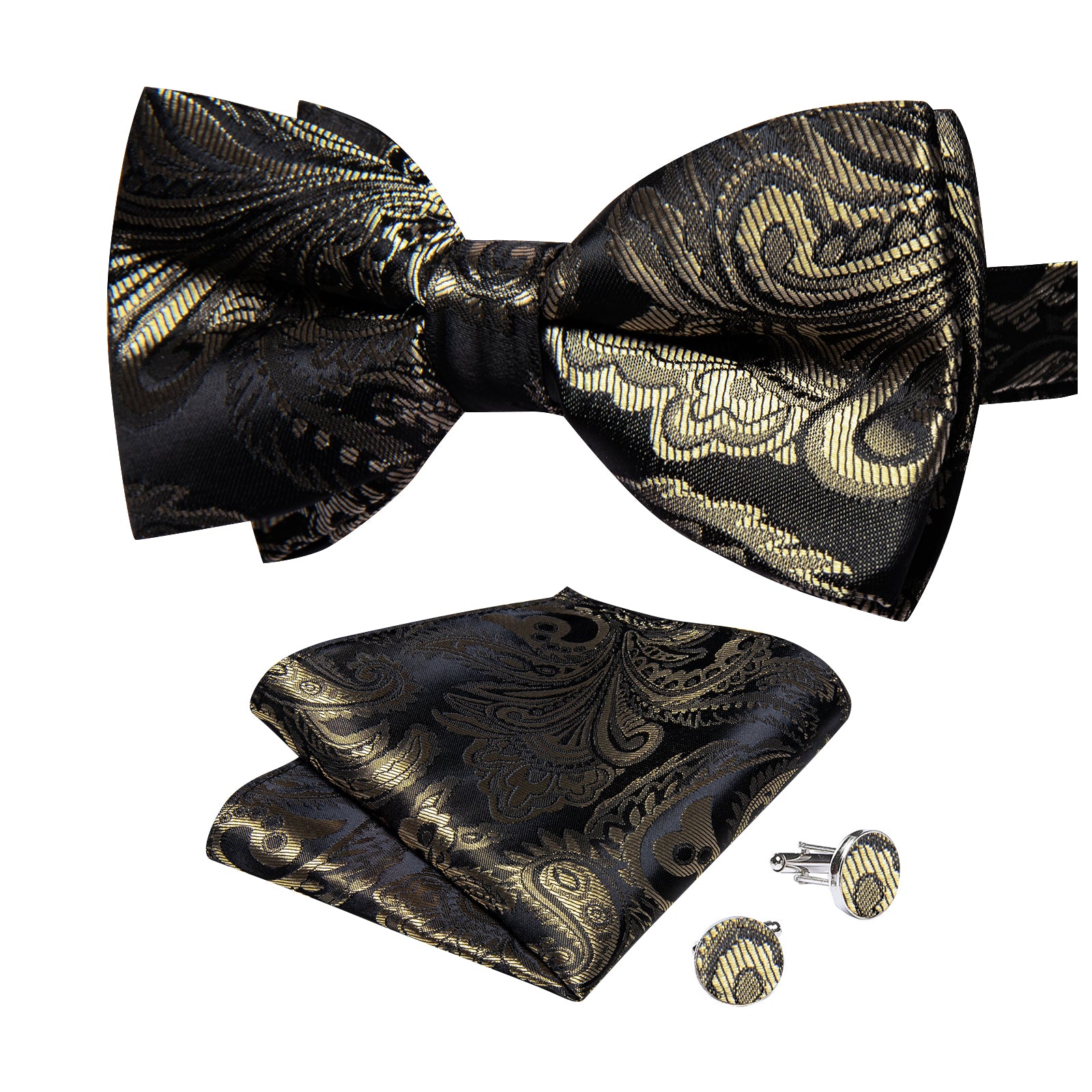 Dark Gold Floral Silk Men's Pre-Bowtie Pocket Square Cufflinks Set