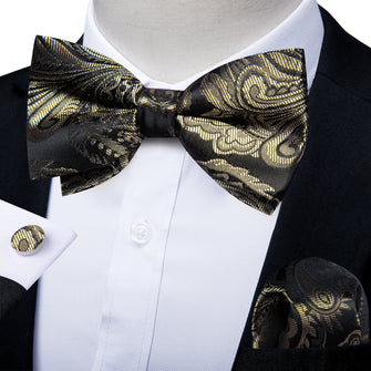 Dark Gold Floral Silk Men's Pre-Bowtie Pocket Square Cufflinks Set