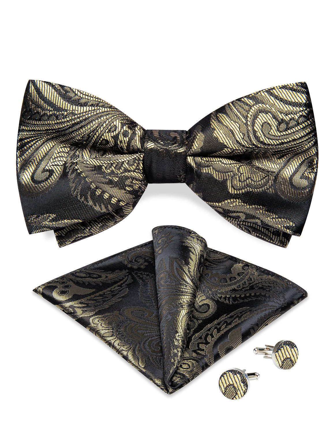 Dark Gold Floral Silk Men's Pre-Bowtie Pocket Square Cufflinks Set
