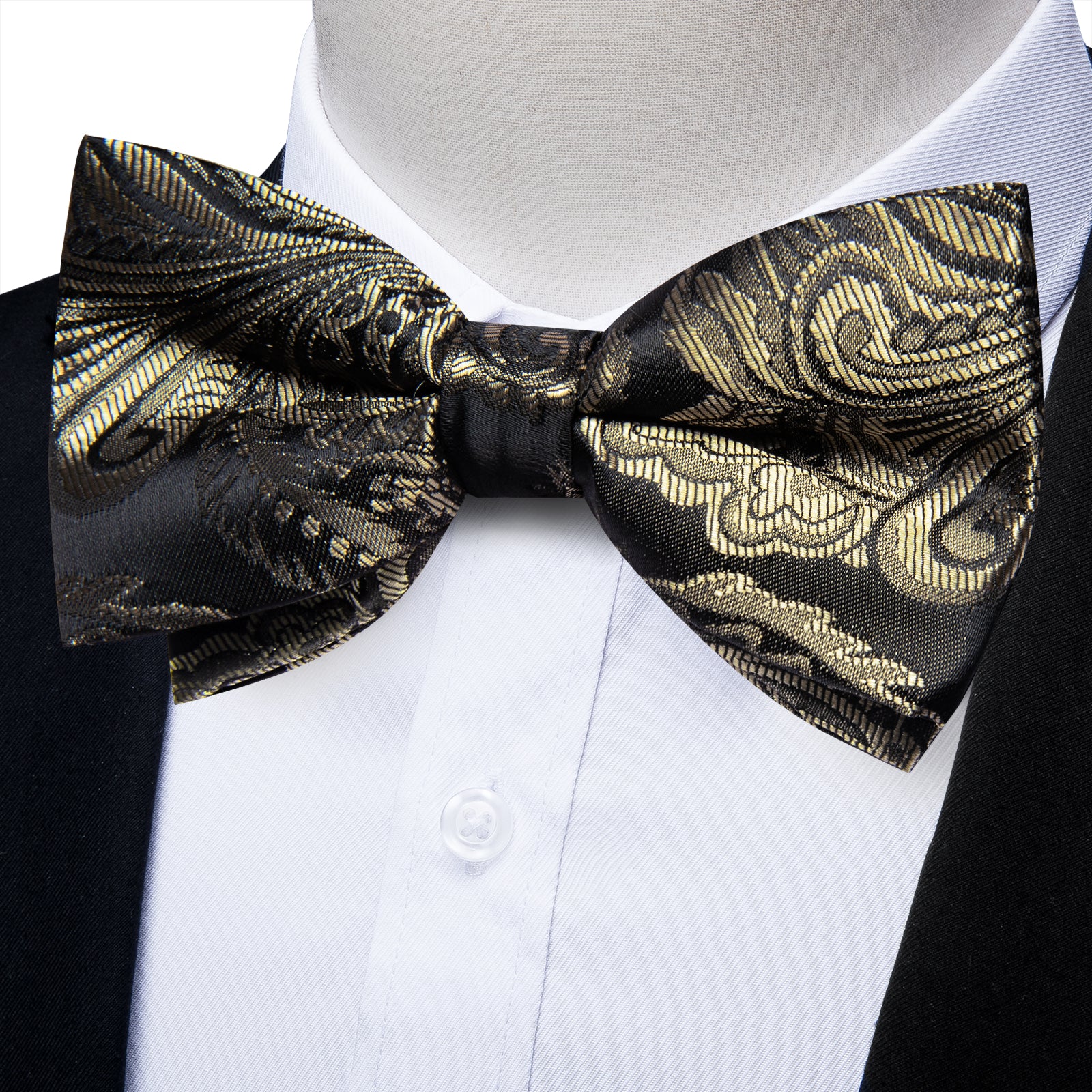 Dark Gold Floral Silk Men's Pre-Bowtie Pocket Square Cufflinks Set