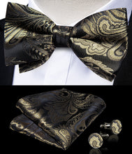Dark Gold Floral Silk Men's Pre-Bowtie Pocket Square Cufflinks Set