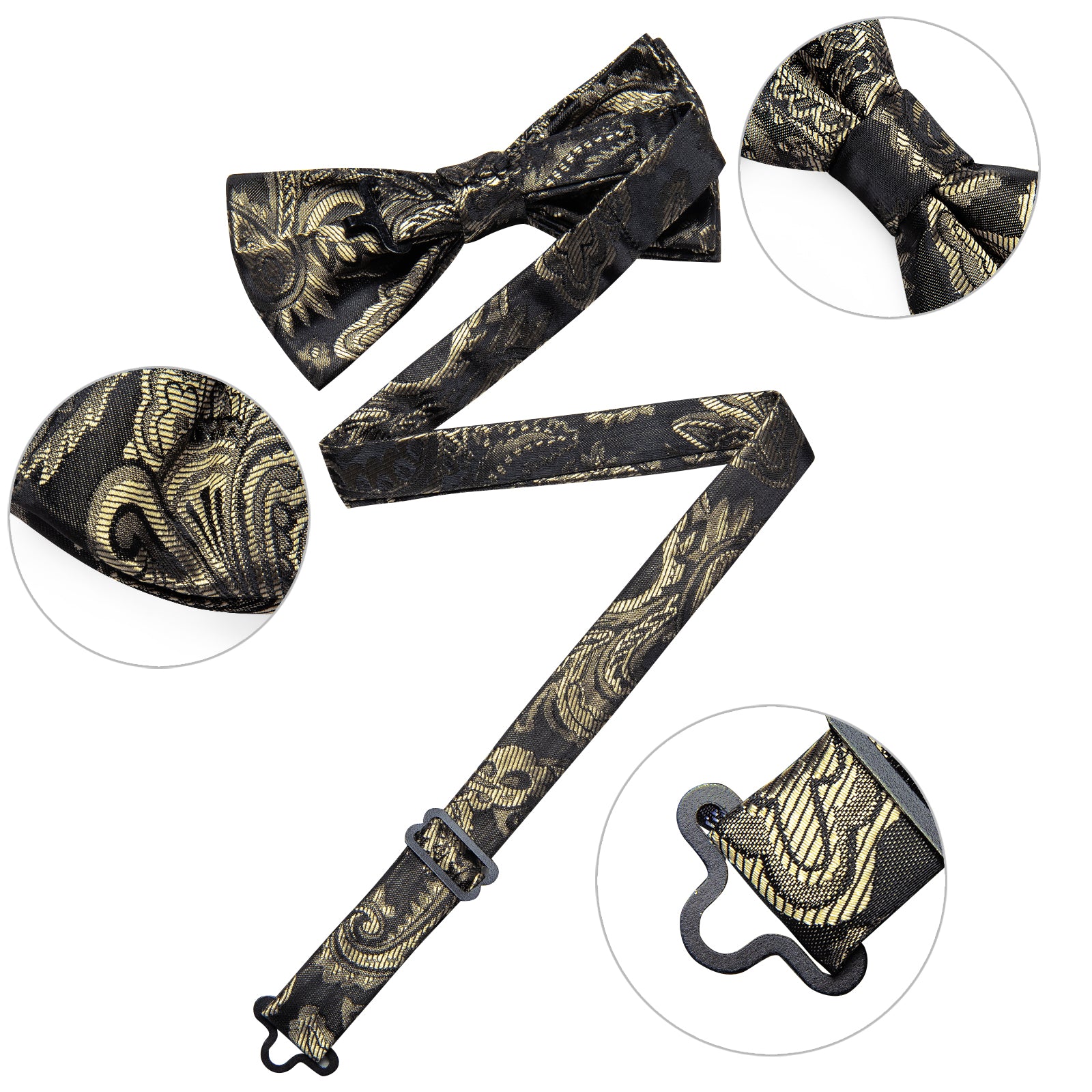 Dark Gold Floral Silk Men's Pre-Bowtie Pocket Square Cufflinks Set