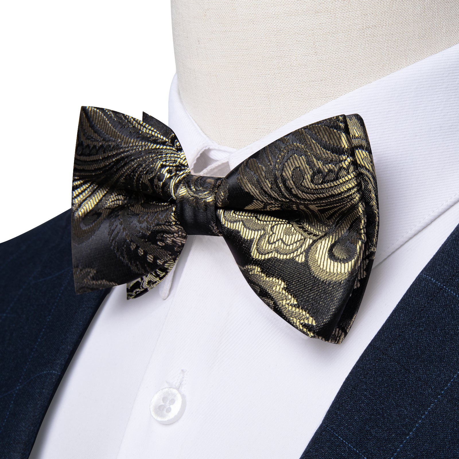 Dark Gold Floral Silk Men's Pre-Bowtie Pocket Square Cufflinks Set