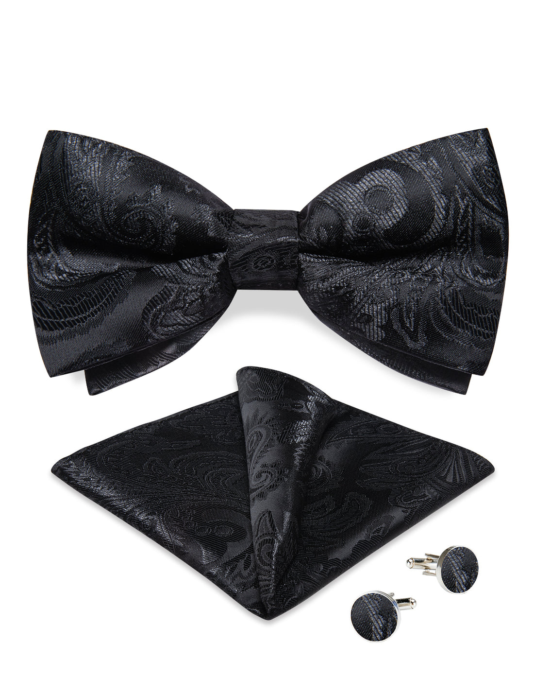 Black Floral Men's Pre-Bowtie Square Handkerchief Cufflinks Set