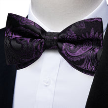 Black Purple Floral Silk Men's Pre-Bowtie Pocket Square Cufflinks Set