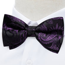 Black Purple Floral Silk Men's Pre-Bowtie Pocket Square Cufflinks Set