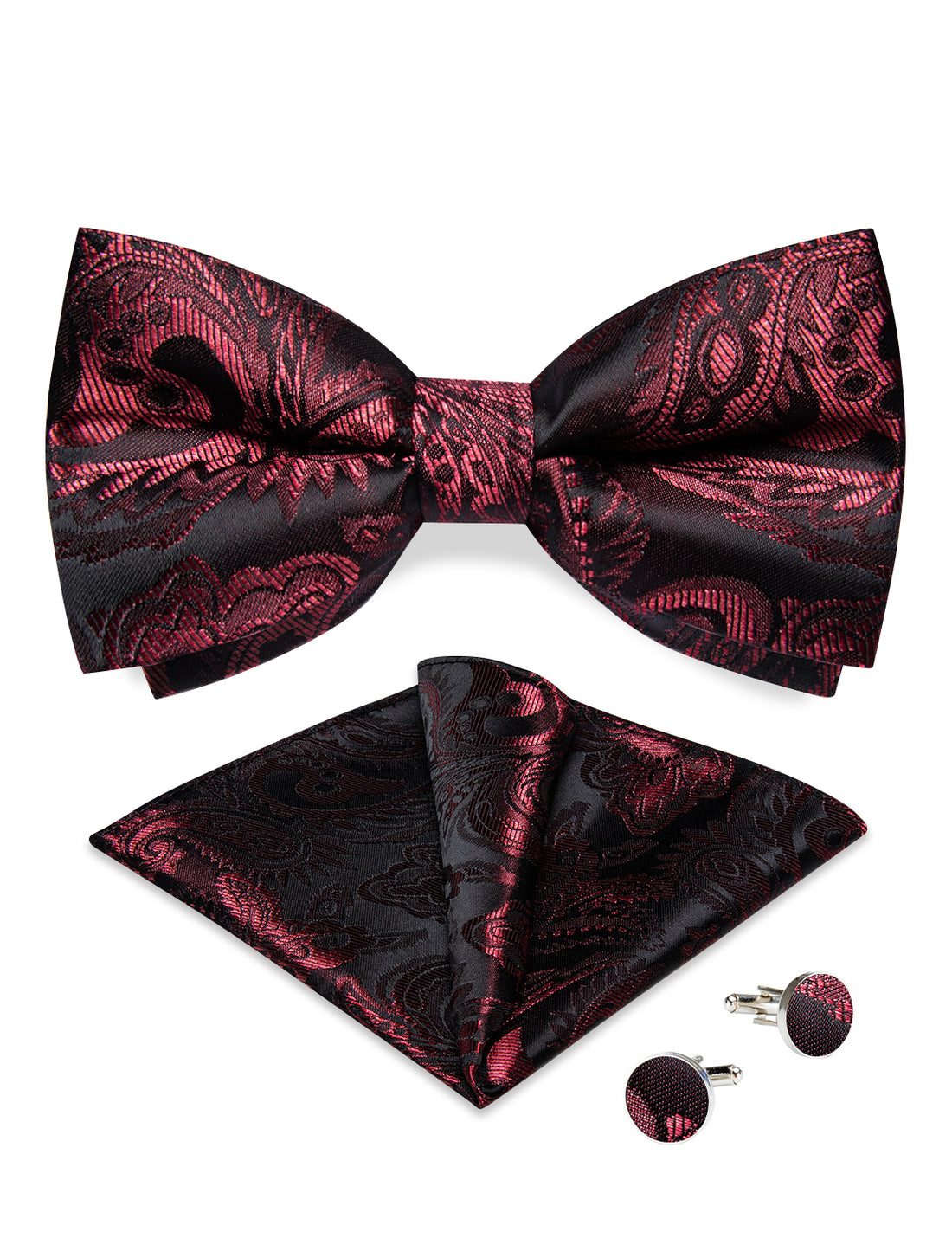 Black Claret Floral Silk Men's Pre-Bowtie Pocket Square Cufflinks Set