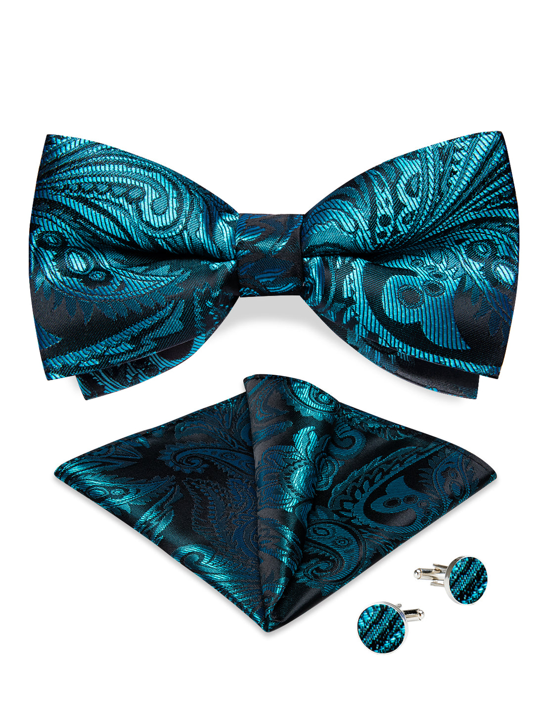 Teal Floral Silk Men's Pre-Bowtie Pocket Square Cufflinks Set