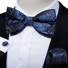 Blue Floral Men's Pre-Bowtie Square Handkerchief Cufflinks Set