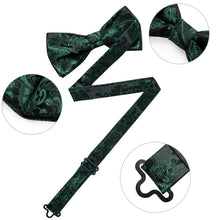 Green Floral Men's Pre-Bowtie Square Handkerchief Cufflinks Set