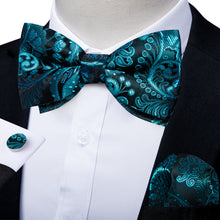 Teal Floral Men's Pre-Bowtie Square Handkerchief Cufflinks Set