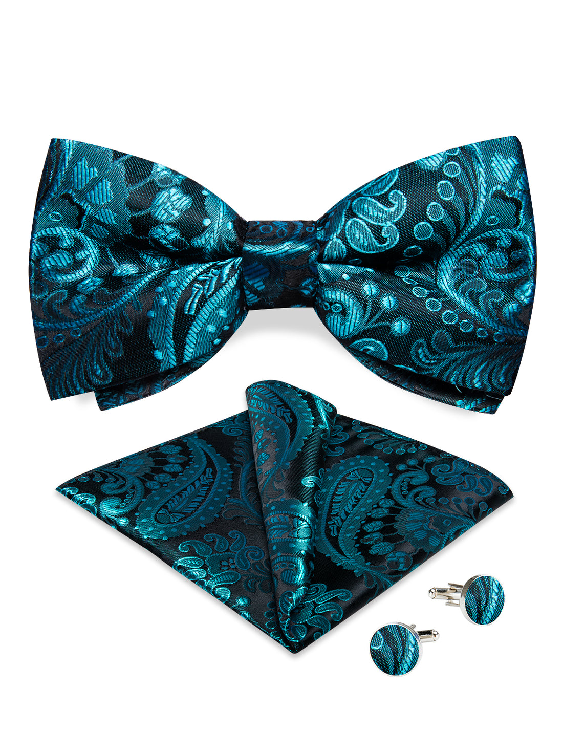 Teal Floral Men's Pre-Bowtie Square Handkerchief Cufflinks Set