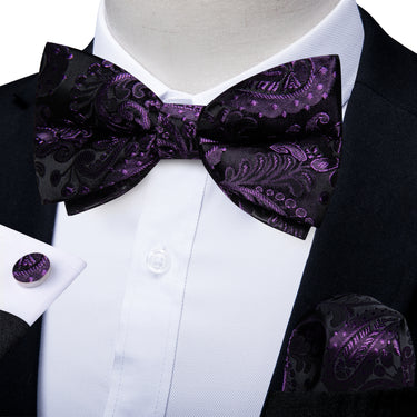 Purple Floral Men's Pre-Bowtie Square Handkerchief Cufflinks Set