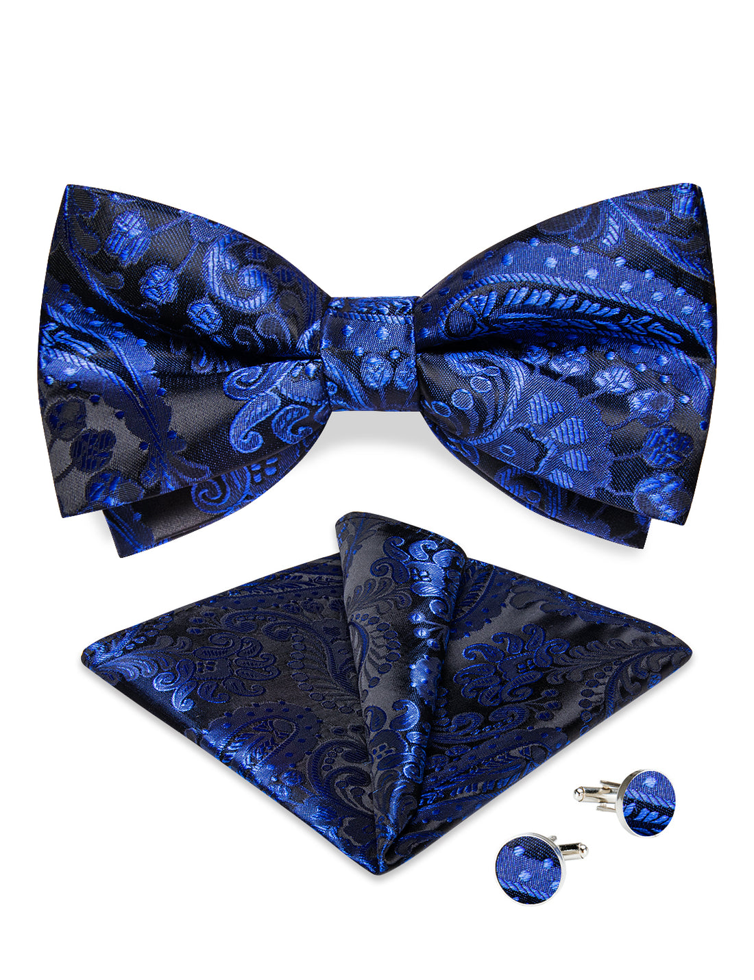 Black Blue Floral Men's Pre-Bowtie Square Handkerchief Cufflinks Set