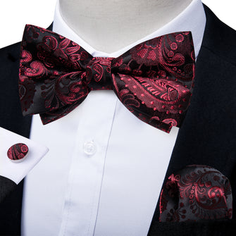 Red Floral Men's Pre-Bowtie Square Handkerchief Cufflinks Set