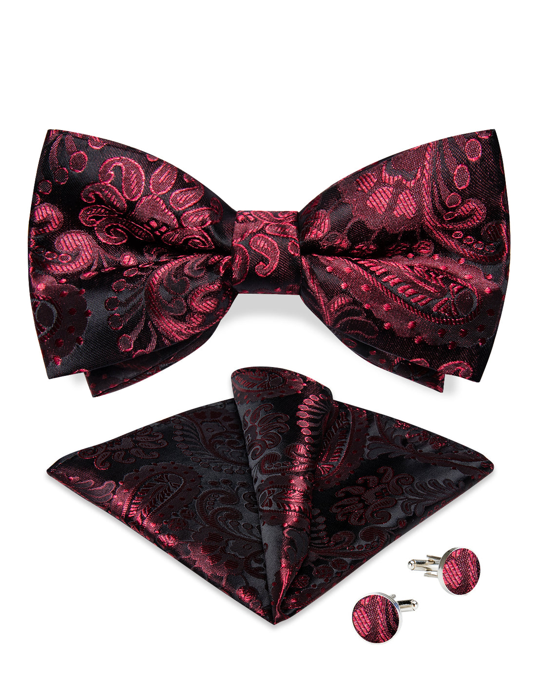 Red Floral Men's Pre-Bowtie Square Handkerchief Cufflinks Set