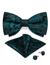 Black Teal Floral Silk Men's Pre-Bowtie Pocket Square Cufflinks Set
