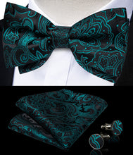 Black Teal Floral Silk Men's Pre-Bowtie Pocket Square Cufflinks Set