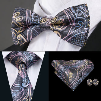 Pink Plaid Bowtie Necktie Hanky Cufflinks Set (1955776725034)