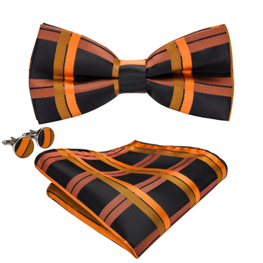 Orange Black Plaid Bowtie Pocket Square Cufflinks Set (1930191274026)