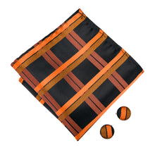Orange Black Plaid Bow tie Pocket Square Cufflinks Set for men