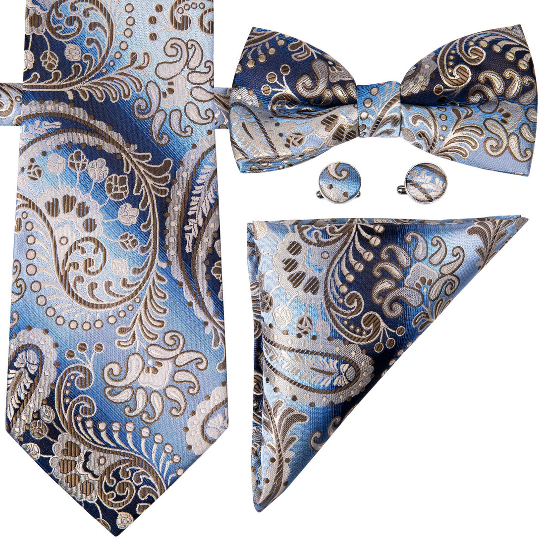 Blue Brown Paisley Bowtie Necktie Hanky Cufflinks Set (1955769385002)