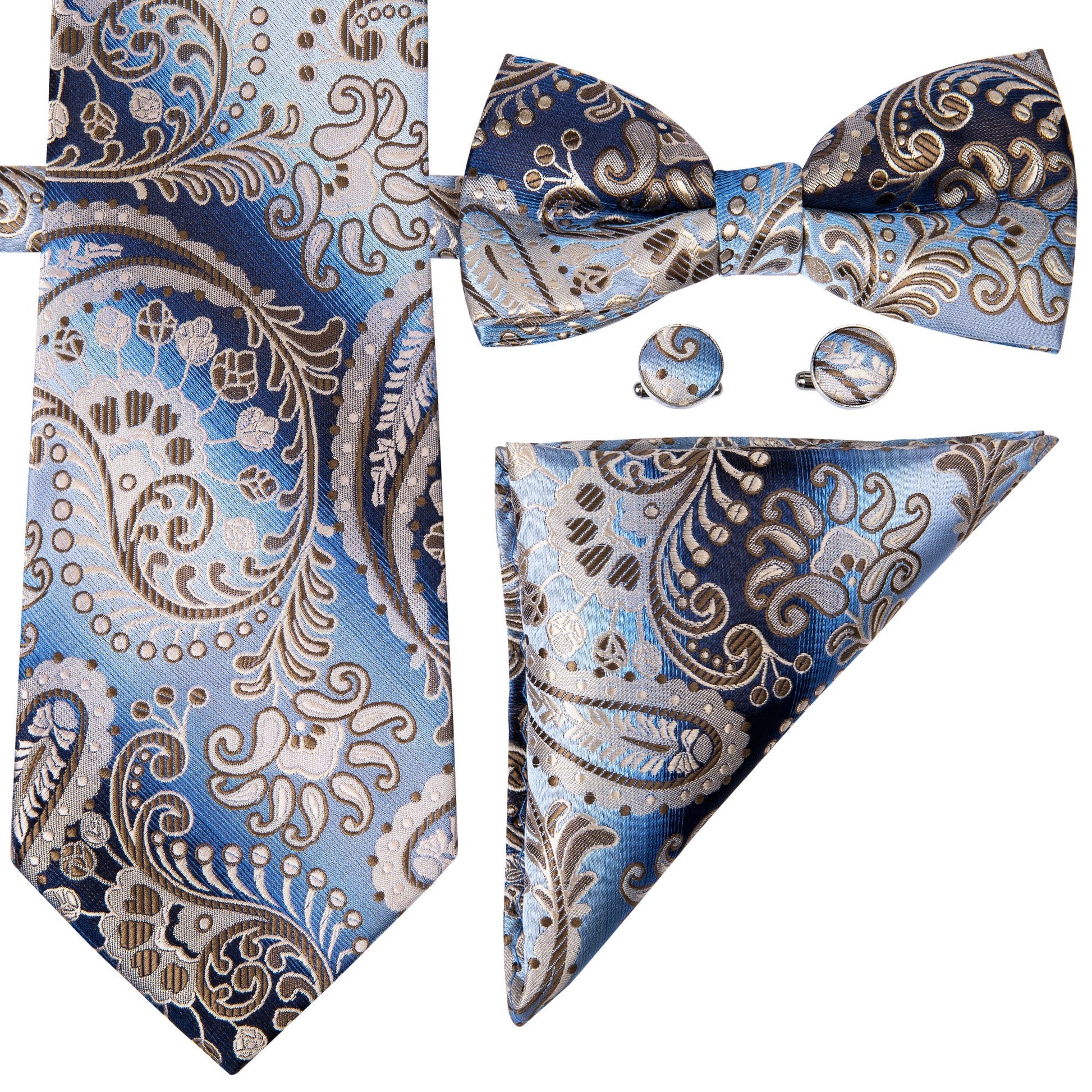 Blue Brown Paisley Bowtie Necktie Hanky Cufflinks Set (1955769385002)