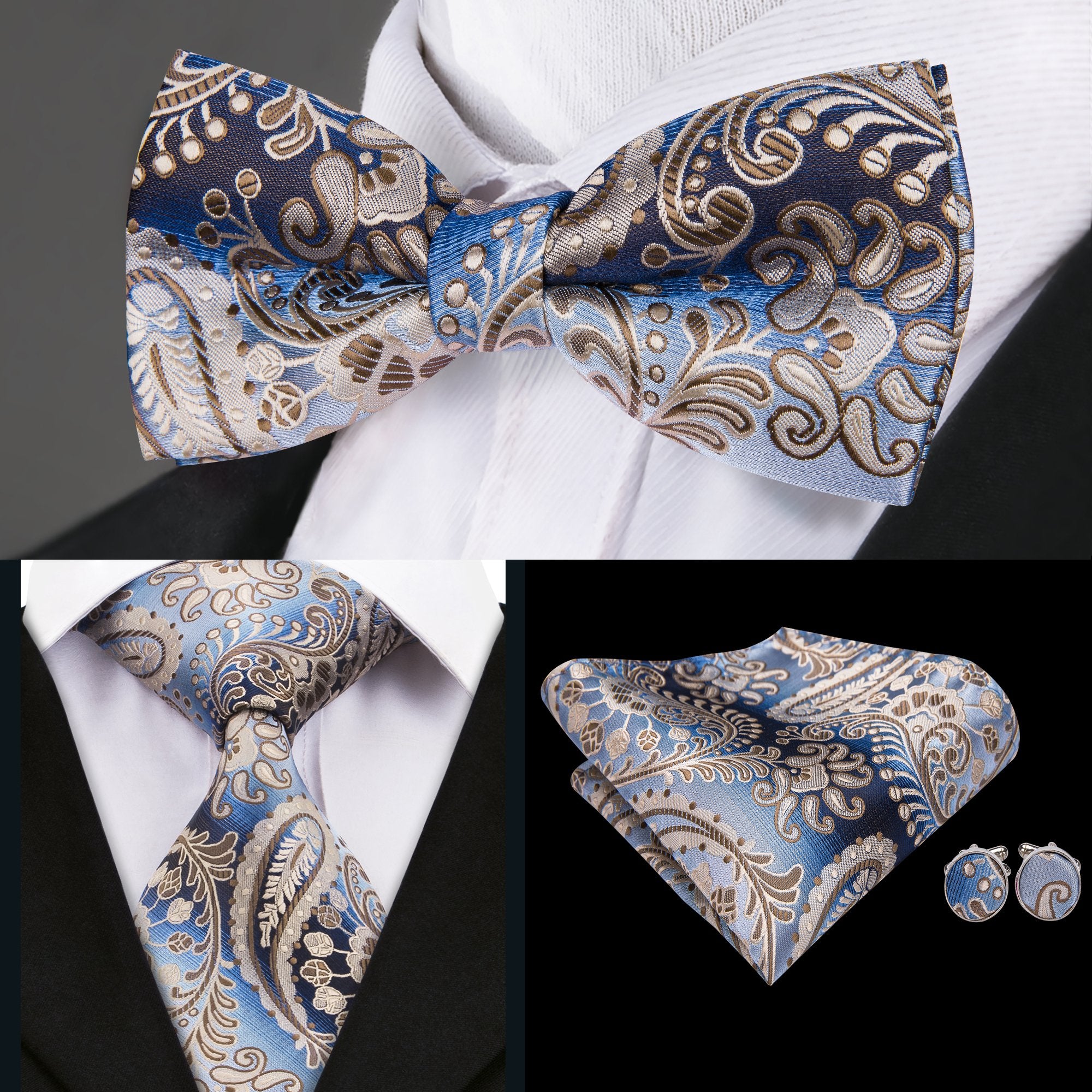 Blue Brown Paisley Bowtie Necktie Hanky Cufflinks Set (1955769385002)