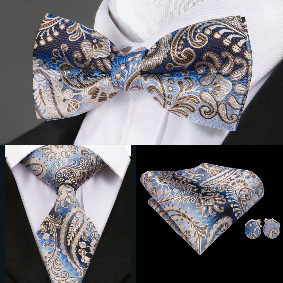 Blue Brown Paisley Bowtie Necktie Hanky Cufflinks Set (1955769385002)