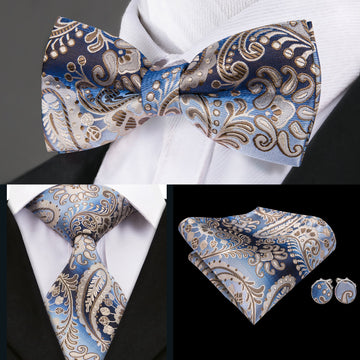 Blue Brown Paisley Bowtie Necktie Hanky Cufflinks Set (1955769385002)