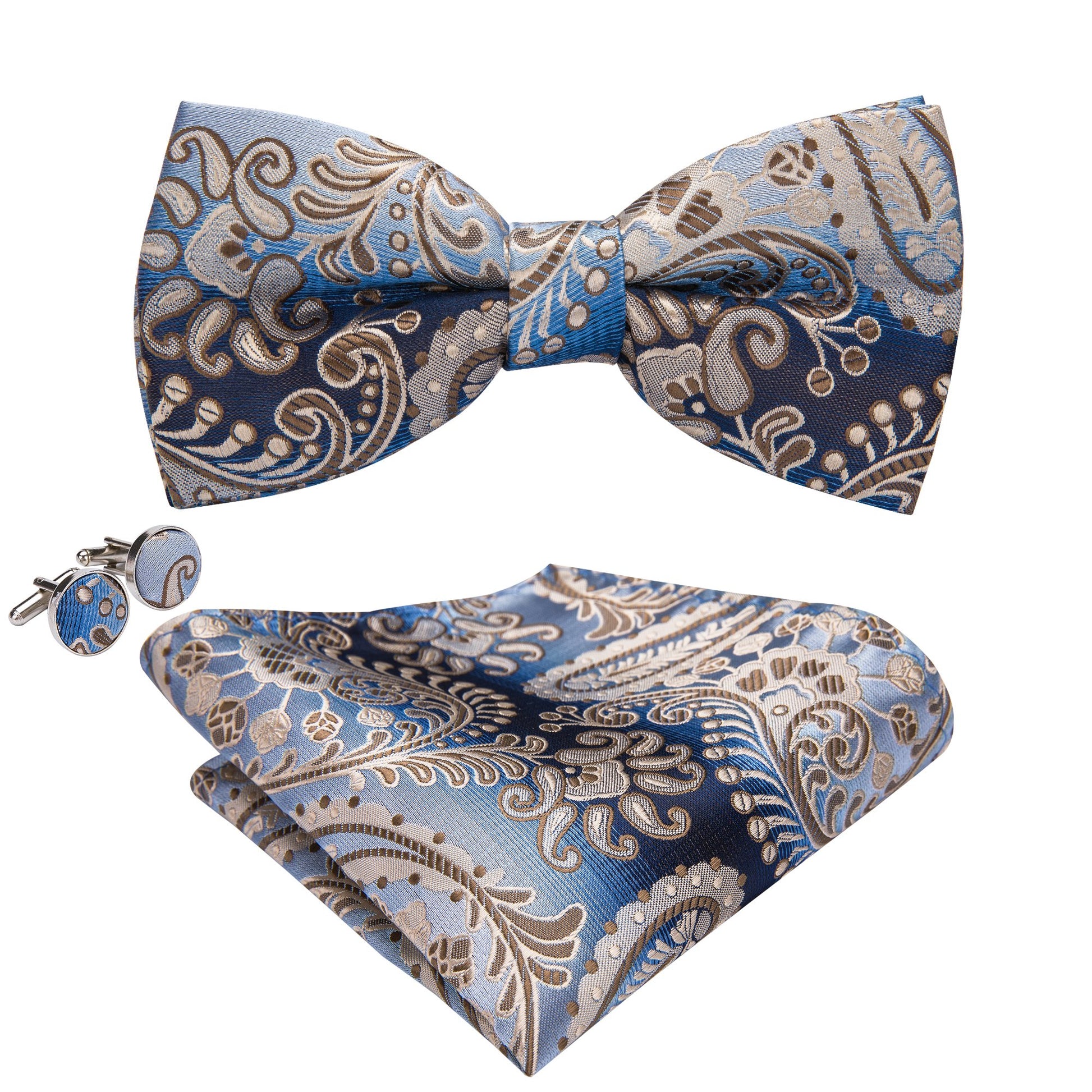 Blue Brown Paisley Bowtie Necktie Hanky Cufflinks Set (1955769385002)