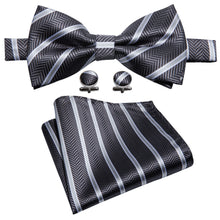 Black White Striped Bowtie Pocket Square Cufflinks Set (1930710188074)
