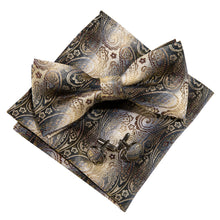 Yellow Brown Paisley Silk Bowtie Pocket Square Cufflinks Set (1933778649130)