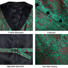 Green Red Paisley Jacquard Silk Waistcoat Vest Tie Handkerchief Cufflinks With Lapel Pin Set