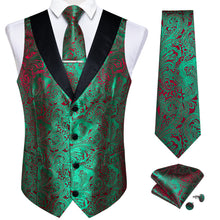 Green Red Paisley Jacquard Silk Waistcoat Vest Tie Handkerchief Cufflinks With Clip Set