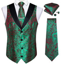 Green Red Paisley Jacquard Silk Waistcoat Vest Tie Handkerchief Cufflinks With Clip Set